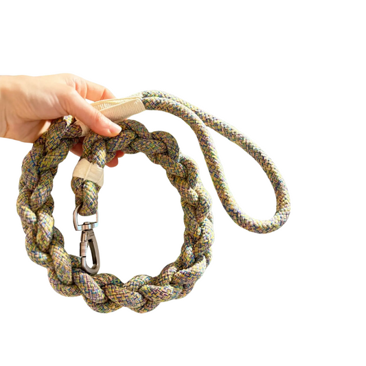 Hand holding a braided rope dog leash with a metal clip on a white background