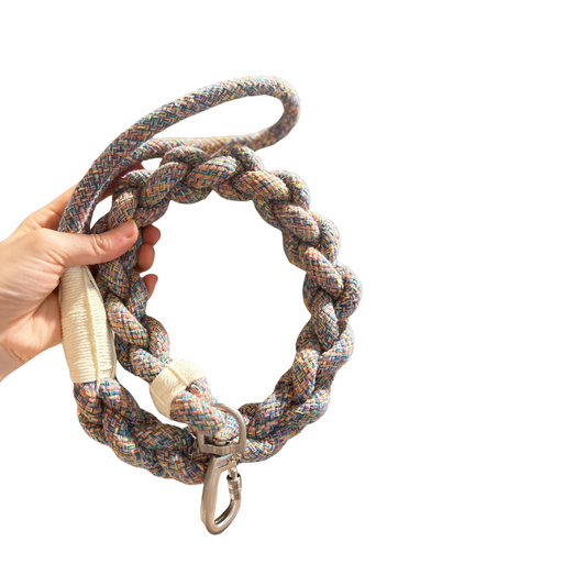 Hand holding a braided rope leash with a carabiner on a white background