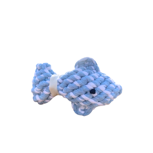 Blue and white rope dog toy shaped like a fish on a white background