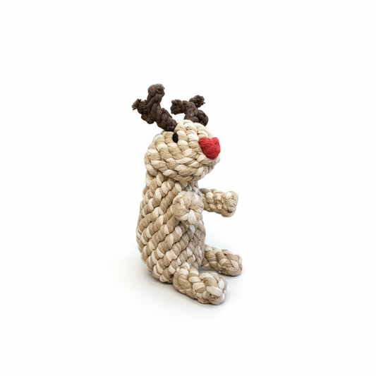 Rope reindeer toy on a white background