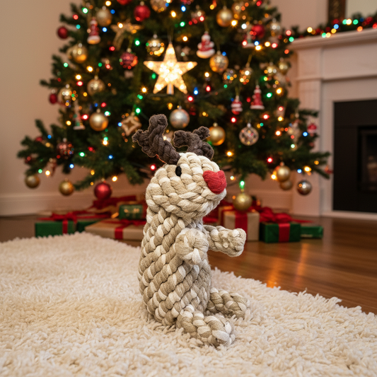 Rope reindeer toy on a rug with a decorated Christmas tree in the background