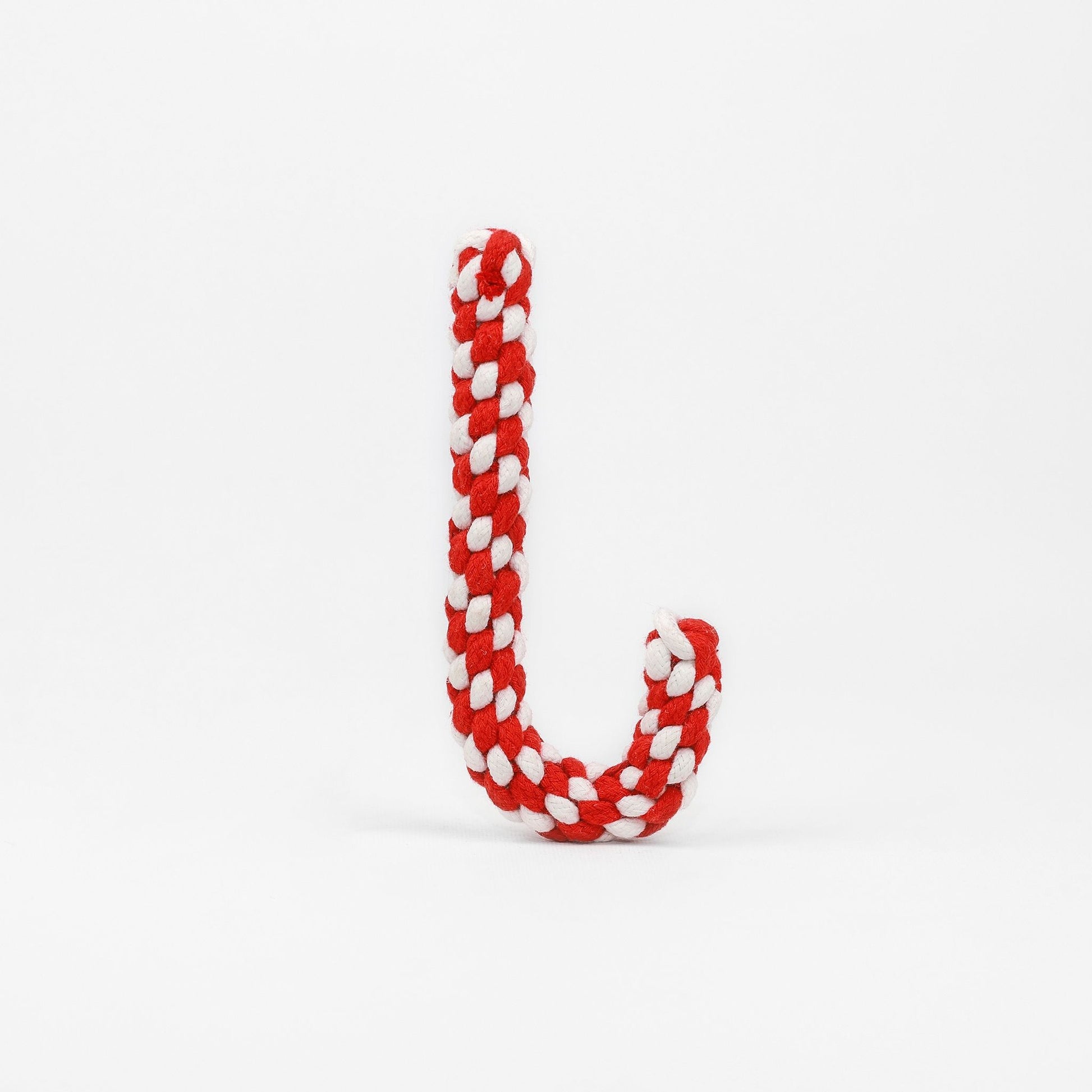 Front view of Christmas candy cane pet toy made of woven cotton rope, perfect for pets to chew and play during the holiday season