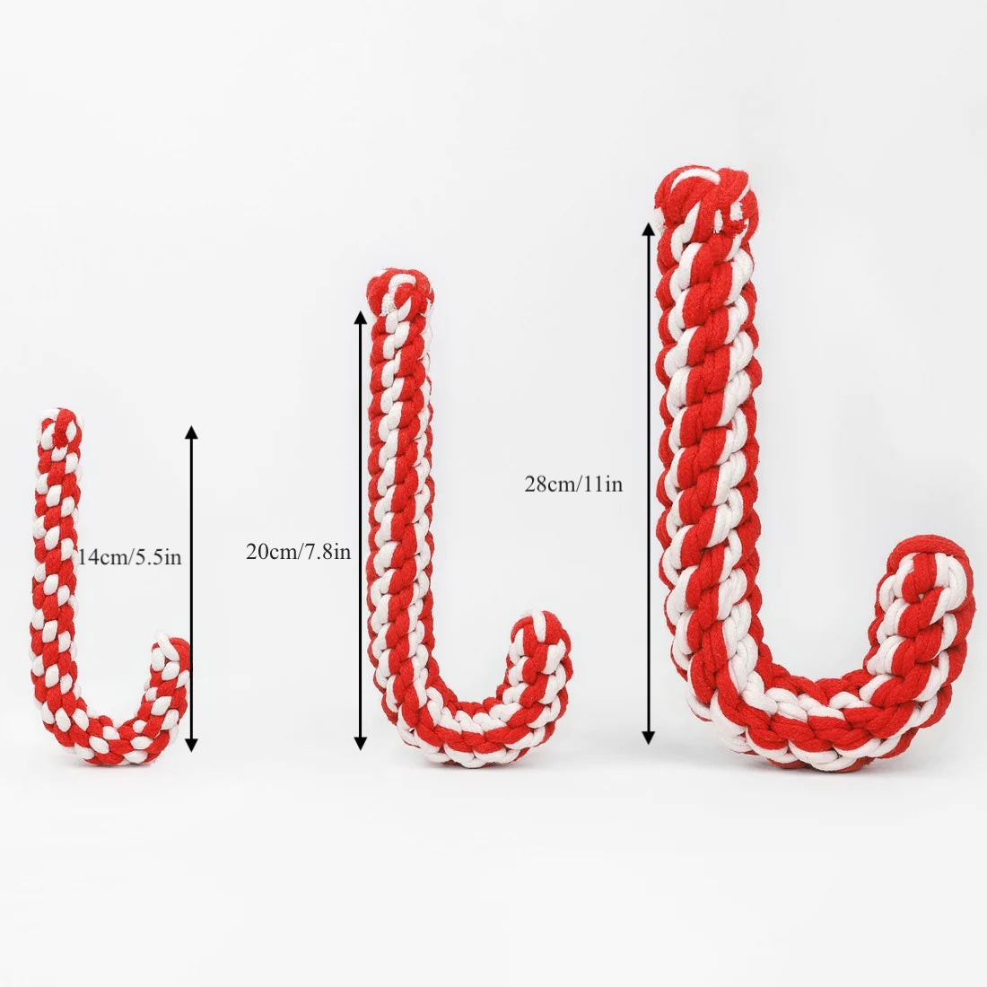 Front view of Christmas candy cane pet toy made of woven cotton rope, perfect for pets to chew and play during the holiday season