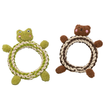 Front view of donut-shaped frog and bear-shaped pet toys made of woven cotton rope. The frog toy has a green body with big eyes, and the bear toy has a brown body with a friendly face. These toys are perfect for pets to play with and chew on, combining cuteness and durability for your pet's enjoyment.