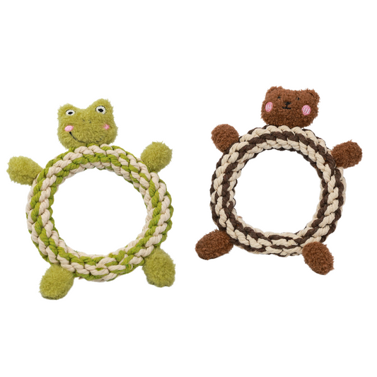 Front view of donut-shaped frog and bear-shaped pet toys made of woven cotton rope. The frog toy has a green body with big eyes, and the bear toy has a brown body with a friendly face. These toys are perfect for pets to play with and chew on, combining cuteness and durability for your pet's enjoyment.