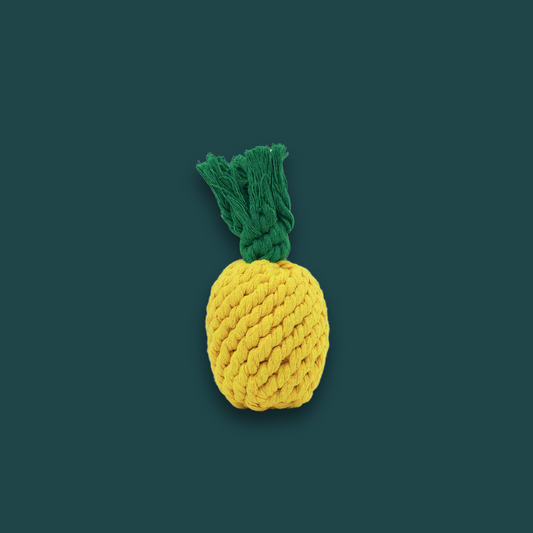 A handmade small pineapple-shaped rope toy in yellow and green colors.