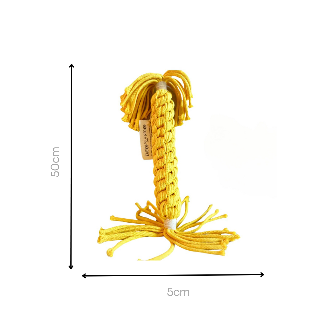 Yellow large candy-shaped cotton rope woven pet toy, perfect for interactive play and dental health.