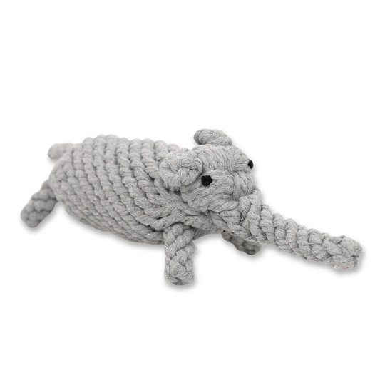 Hand-woven elephant cotton rope pet toy, ideal for interactive play and promoting dental health, eco-friendly and durable.