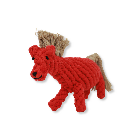 Handcrafted red cotton rope pet toy, durable and eco-friendly, perfect for interactive play and dental health