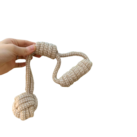 Forest Knot Hemp Rope Tug Toy with Handle against a white background