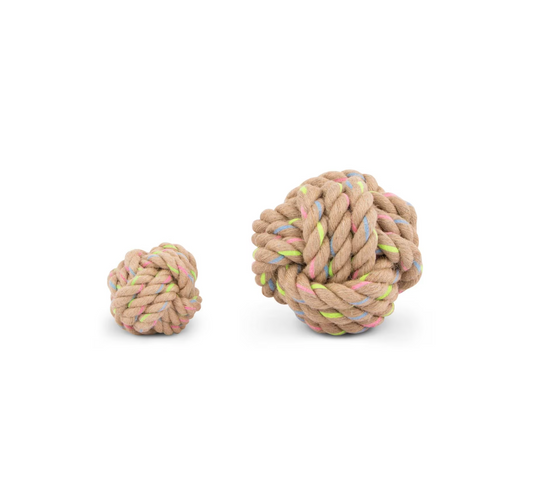 Hand-woven pet toy with hemp rope and cotton, ideal for interactive play.