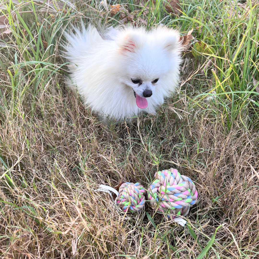 Hand-woven pet toy with hemp rope and cotton, ideal for interactive play.