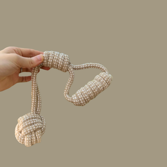 Forest Knot Hemp Rope Tug Toy with Handle against a beige background