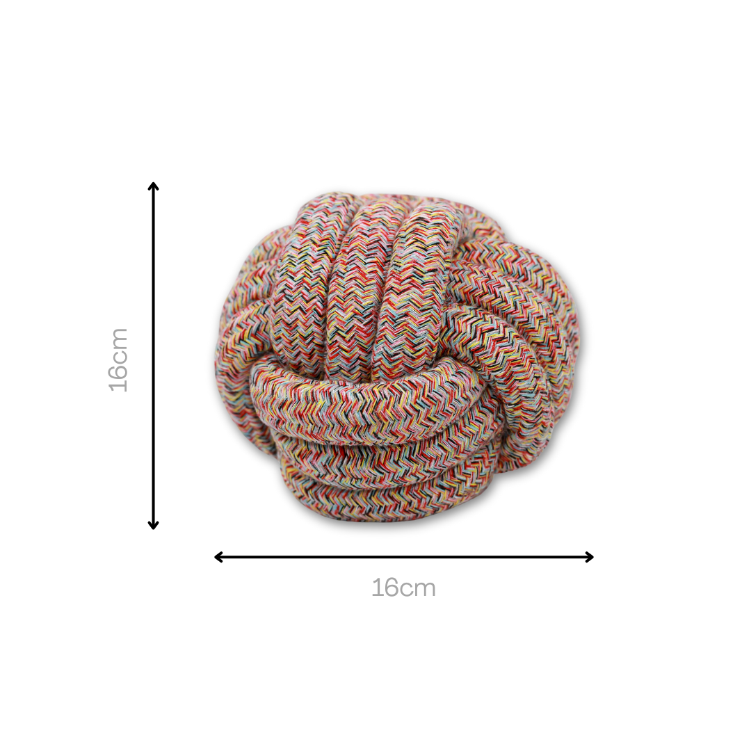 Bean Red Bliss Rope Ball Toy - Cotton Rope Woven Pet Toy. Front view showcasing intricate rope weaving, durable construction, and vibrant red color, perfect for interactive play and promoting dental health for pets. Ideal for dogs.