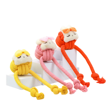 Colorful woven cotton rope pet toy for dogs, durable and fun for playtime.