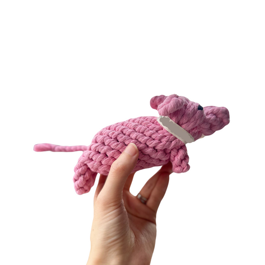 Piglet Pink Twist Handmade Rope Dog Toy - A durable, pink rope toy shaped like a piglet, handmade for tugging, chewing, and interactive play. Perfect for keeping your dog entertained and promoting healthy teeth and gums.