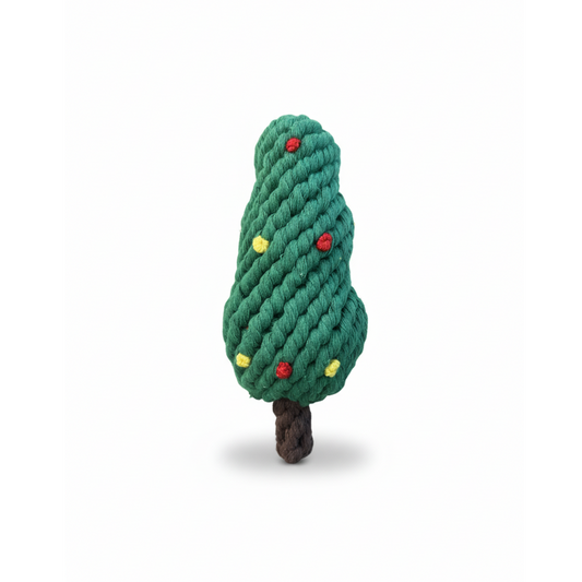 Green rope toy shaped like a Christmas tree with colorful buttons on a white background