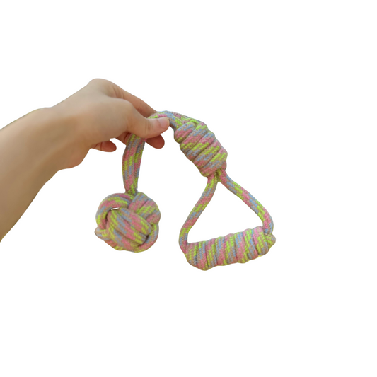 Hand holding a colorful knotted rope toy on a white background