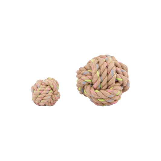 Rainbow Hemp Knot Ball Knotted rope toy with pastel colors on a white background