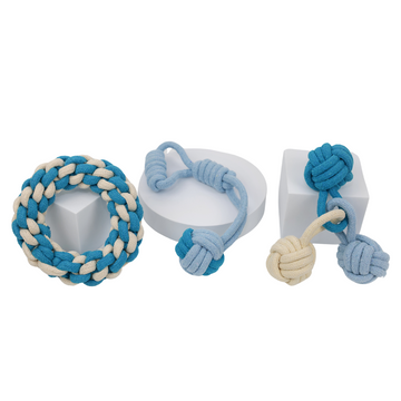 Blue and white cotton rope woven pet toys, soft and safe for your furry friends to play.