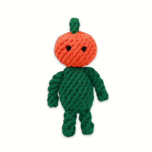 Front view of a pumpkin baby pet toy made from durable, renewable cotton rope, perfect for chewing and playtime