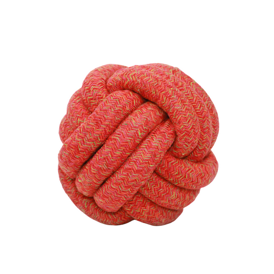 Red large ball pet toy handwoven with cotton rope, fun and durable for your furry friends.