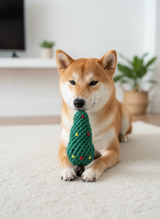 Dog playing with a green rope toy on a carpeted floor.