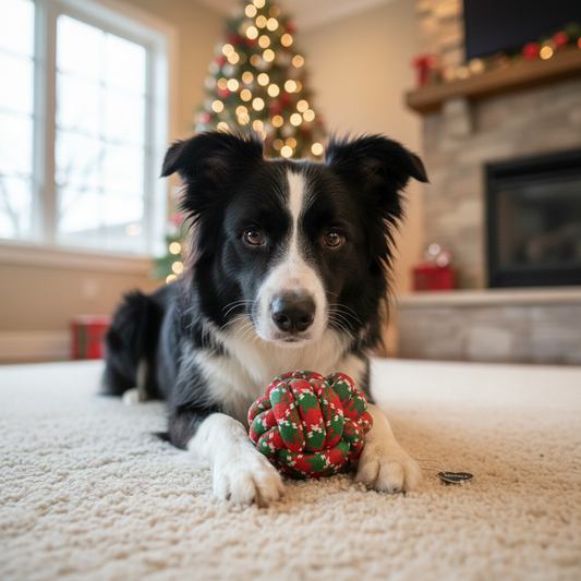 Dog with a Christmas-themed ball in a living room with a decorated tree and fireplace.