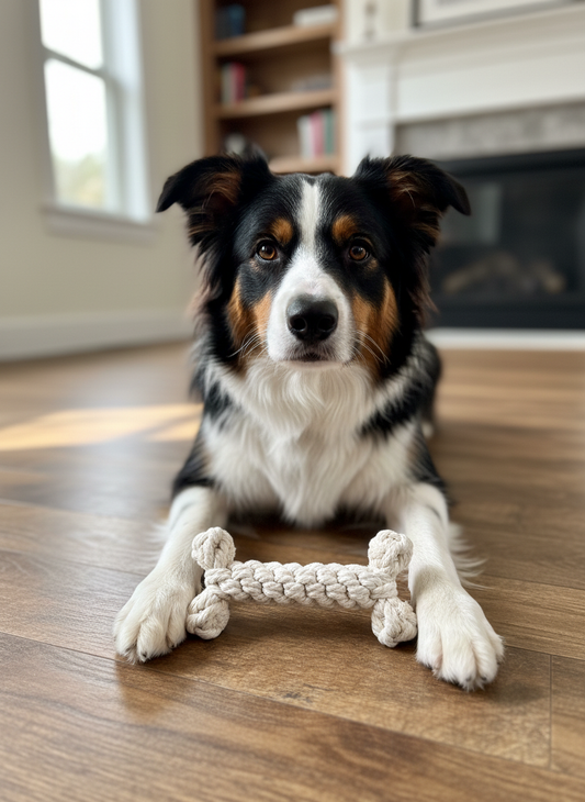 Dog lying on a wooden floor with a bone-shaped toy