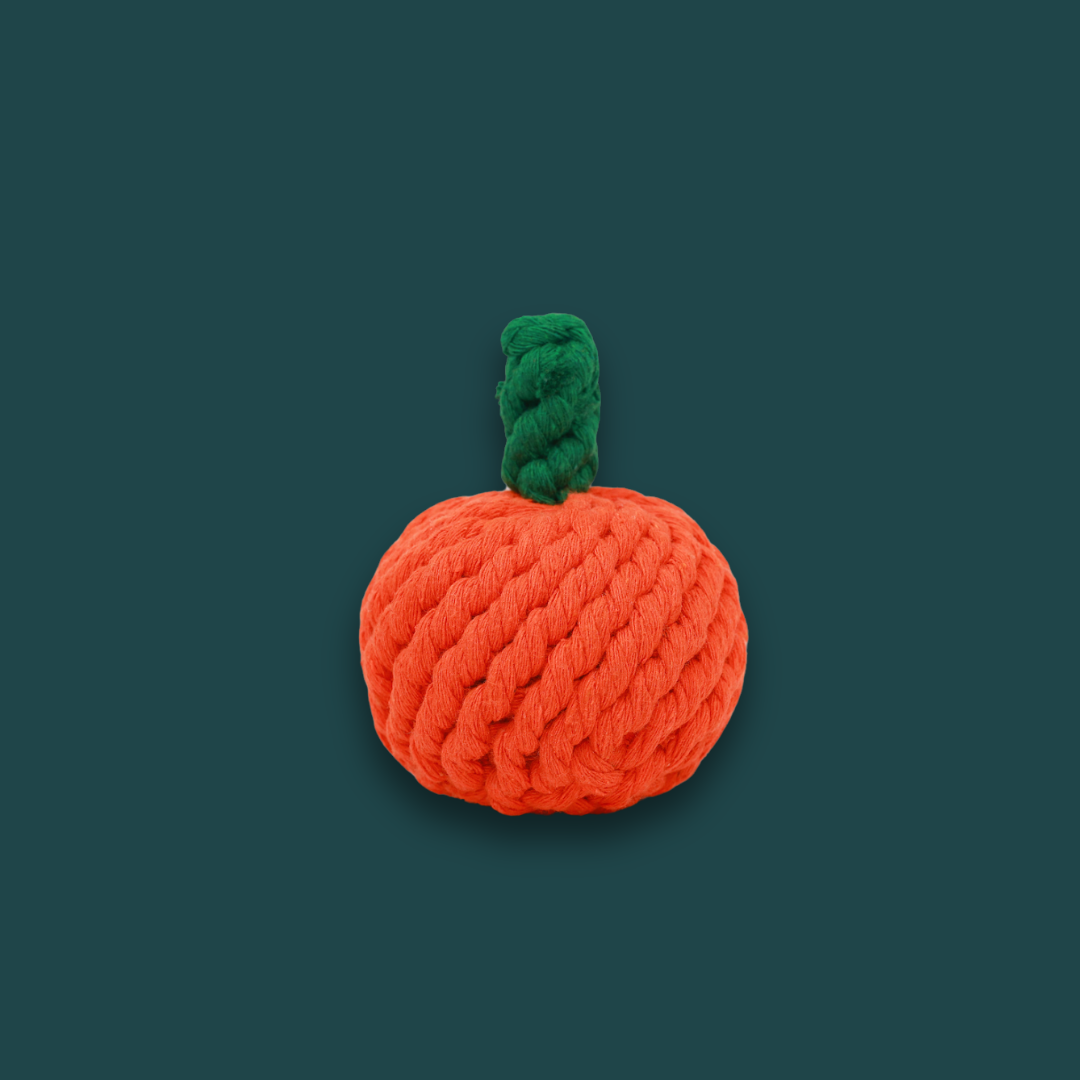 Handmade orange rope dog toy with a green handle.