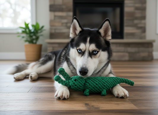 Dog playing with a green toy on a wooden floor.