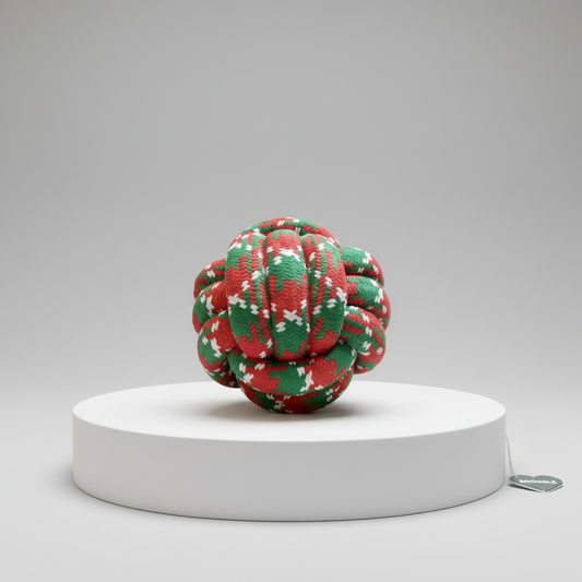 Red and green knotted fabric ball on a white platform with a gray background
