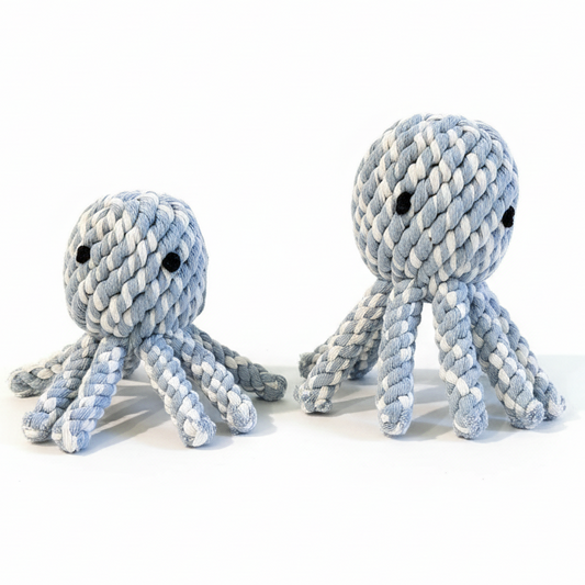 Two blue and white rope octopus toys on a white background
