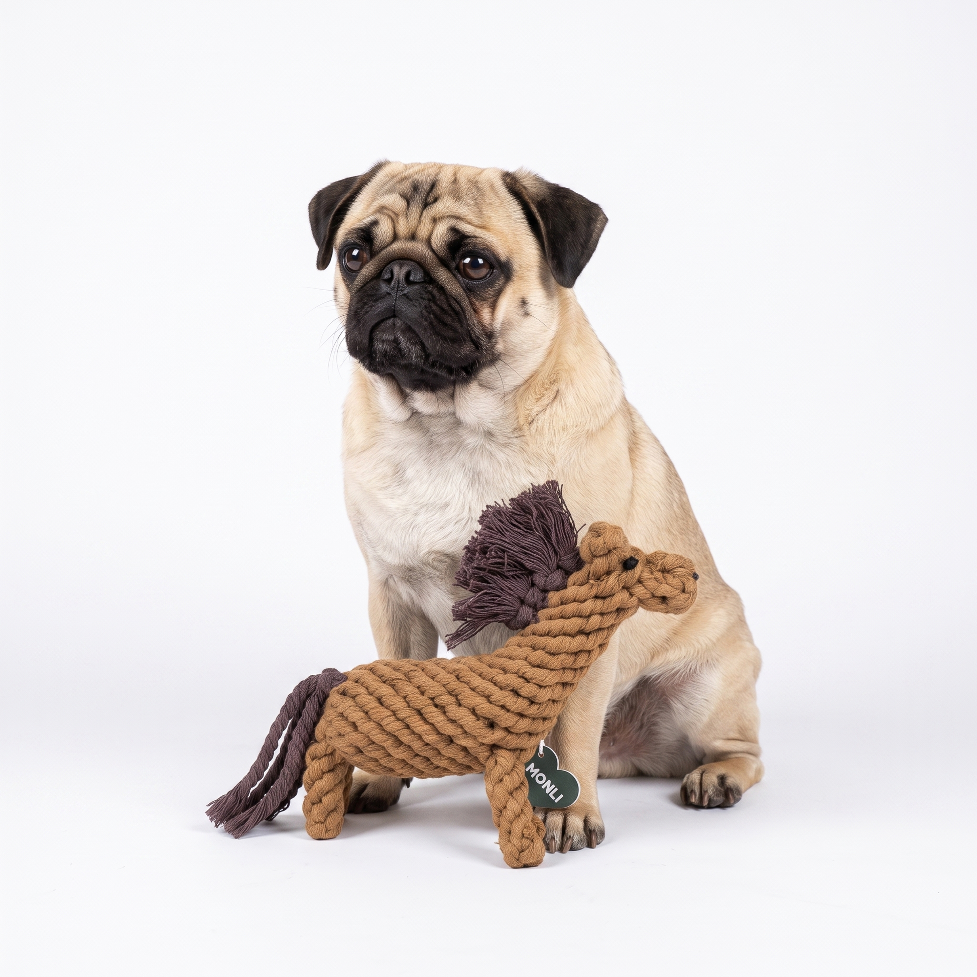 A fawn pug dog sits on a white studio background next to a brown rope horse dog toy with a dark brown tail and mane. The dog tag on the toy reads 'pupco'.