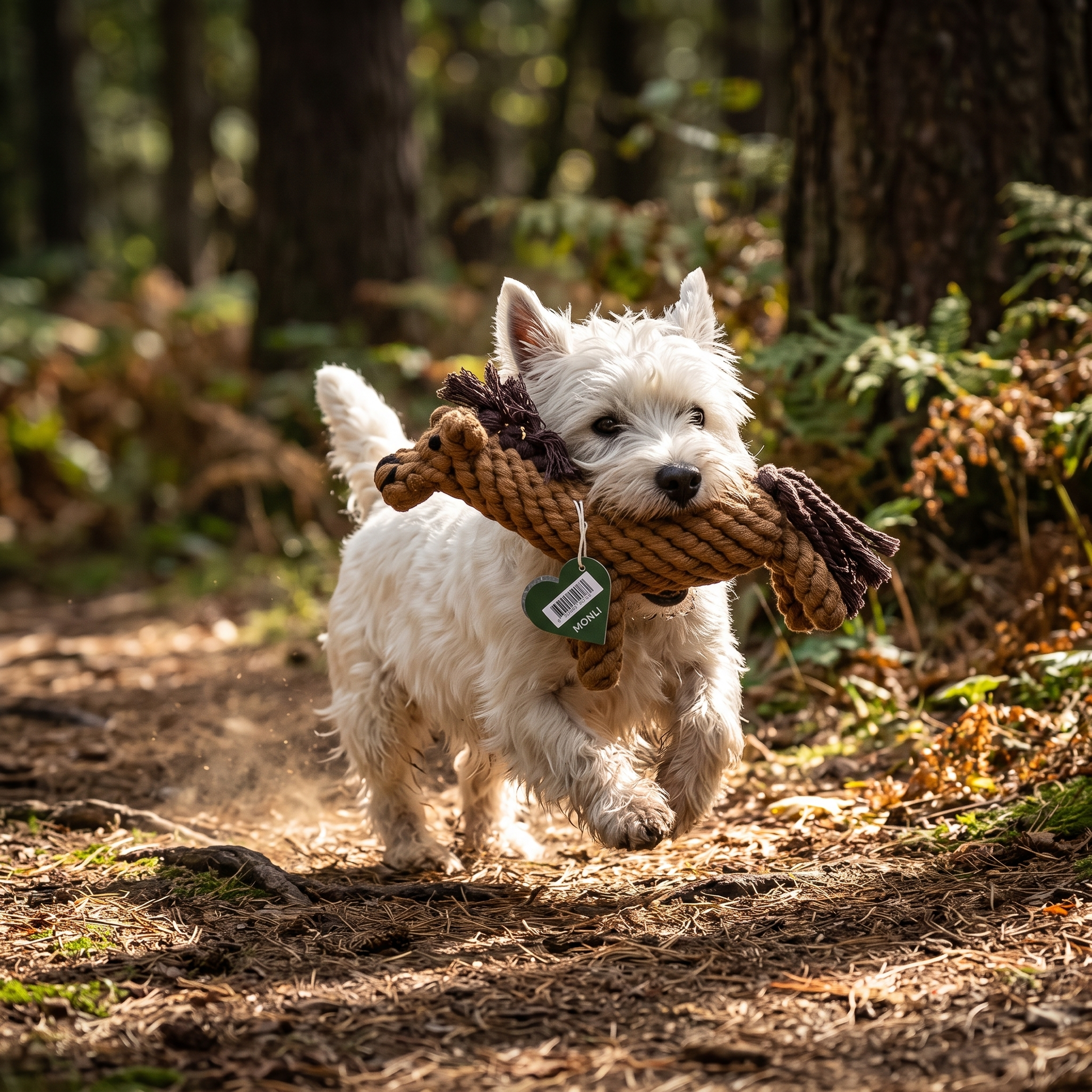 A small white dog running on a forest path carrying a large brown rope toy in its mouth. The background shows blurred trees and ferns in a sunlit woodland setting.
