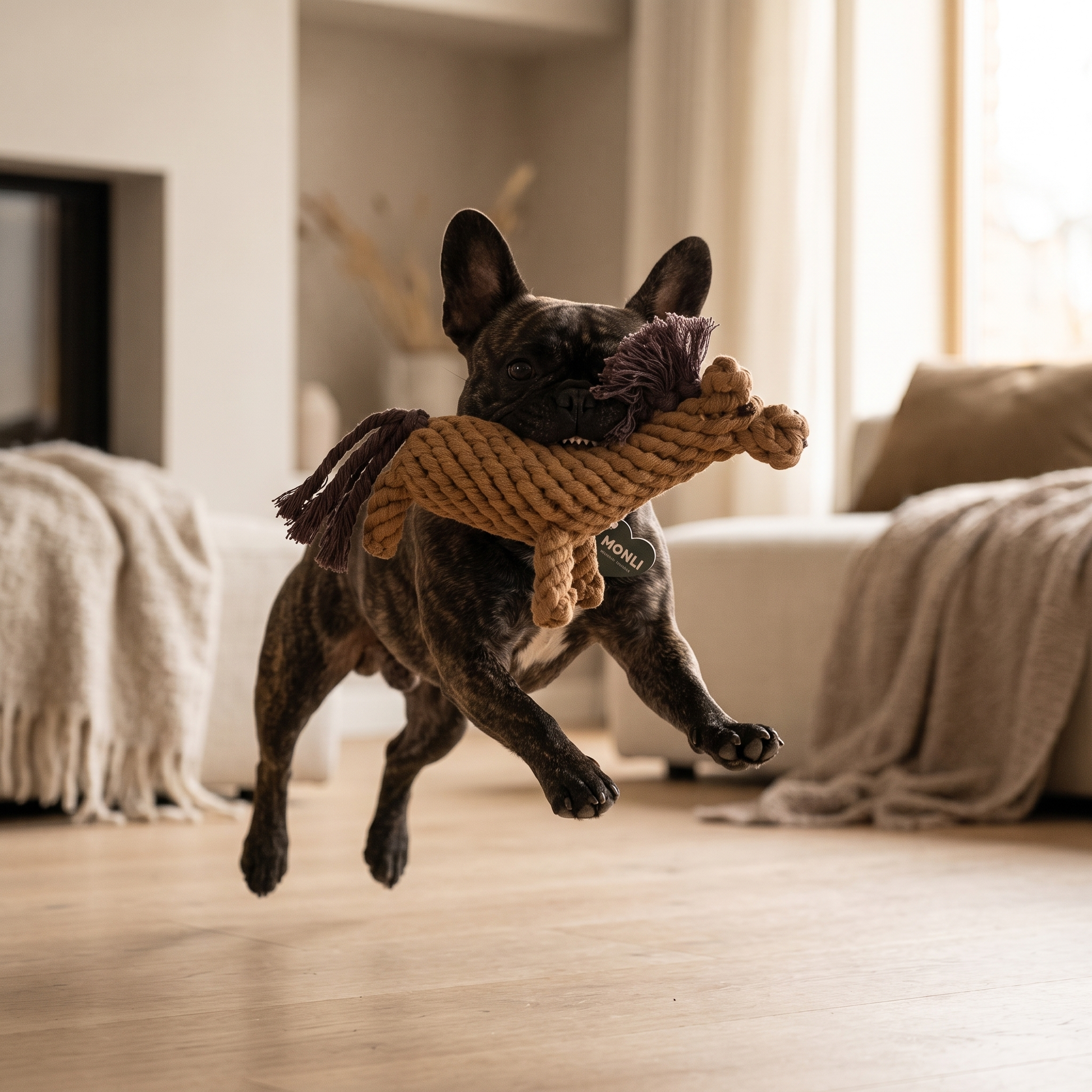 A dark brindle French Bulldog jumps in a living room, holding a tan and purple woven rope dog toy in its mouth.