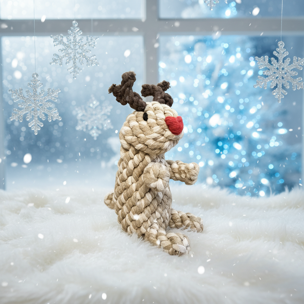Knitted reindeer toy in front of a snowy window with snowflakes.