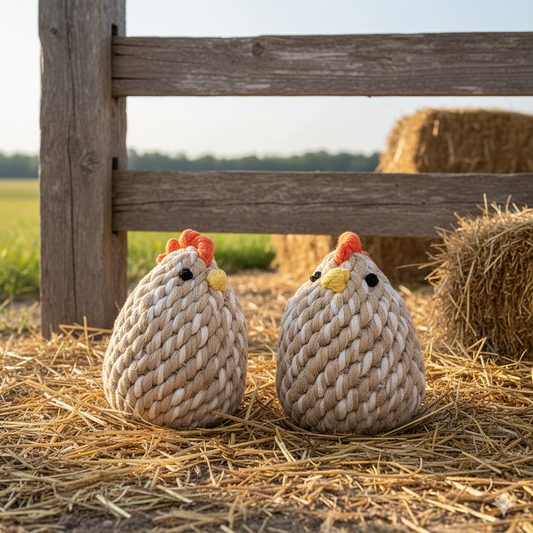 Two rope chickens on a bed of straw with a wooden fence and hay bales in the background.