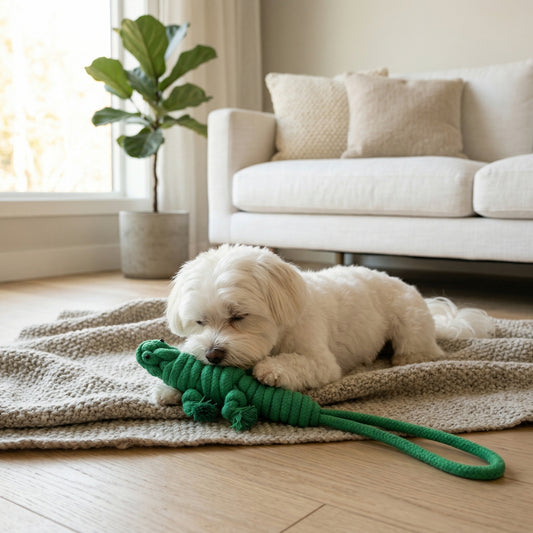 White dog playing with a green toy on a wooden floor in a living room.