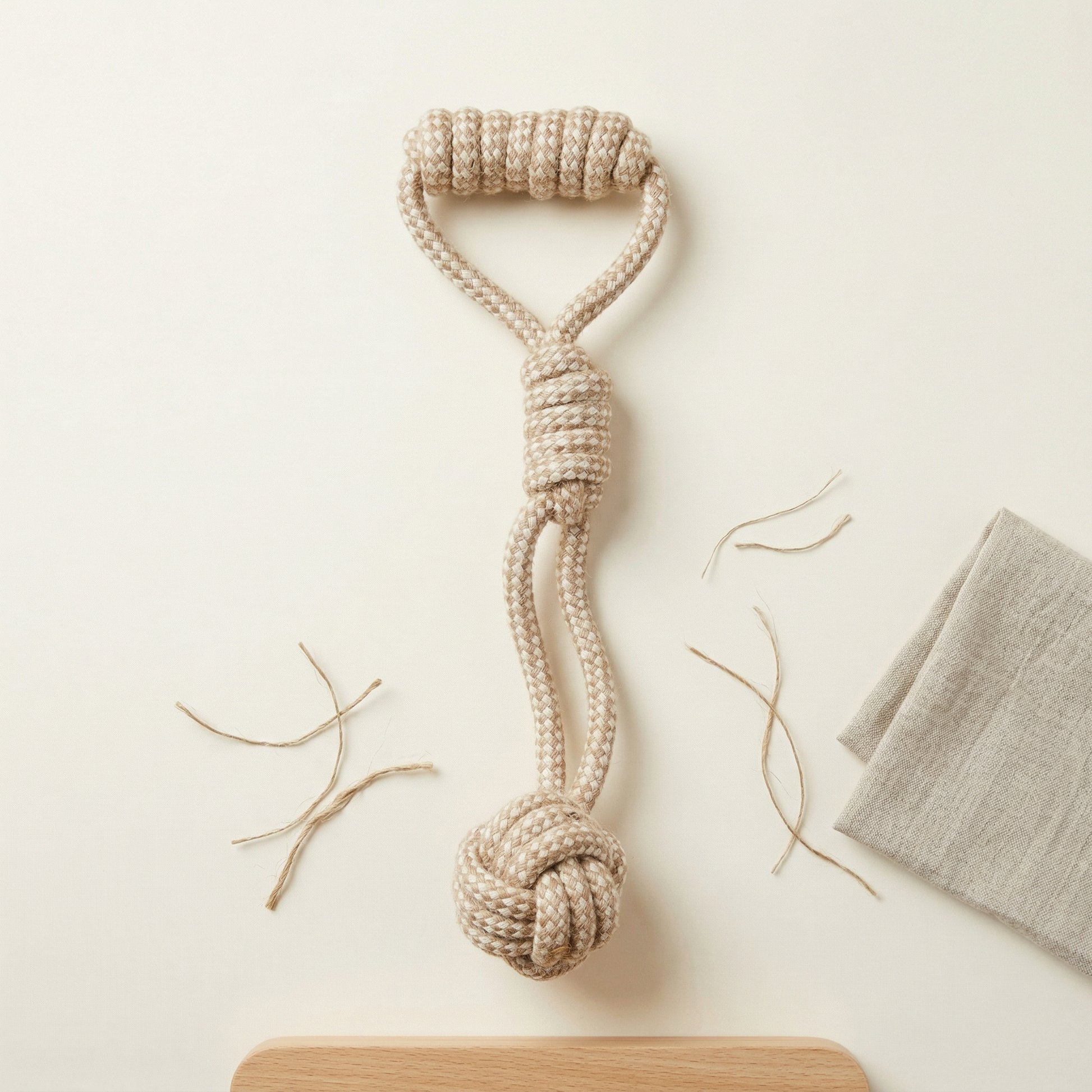 Beige knotted rope toy on a light beige background with wooden board and gray fabric.