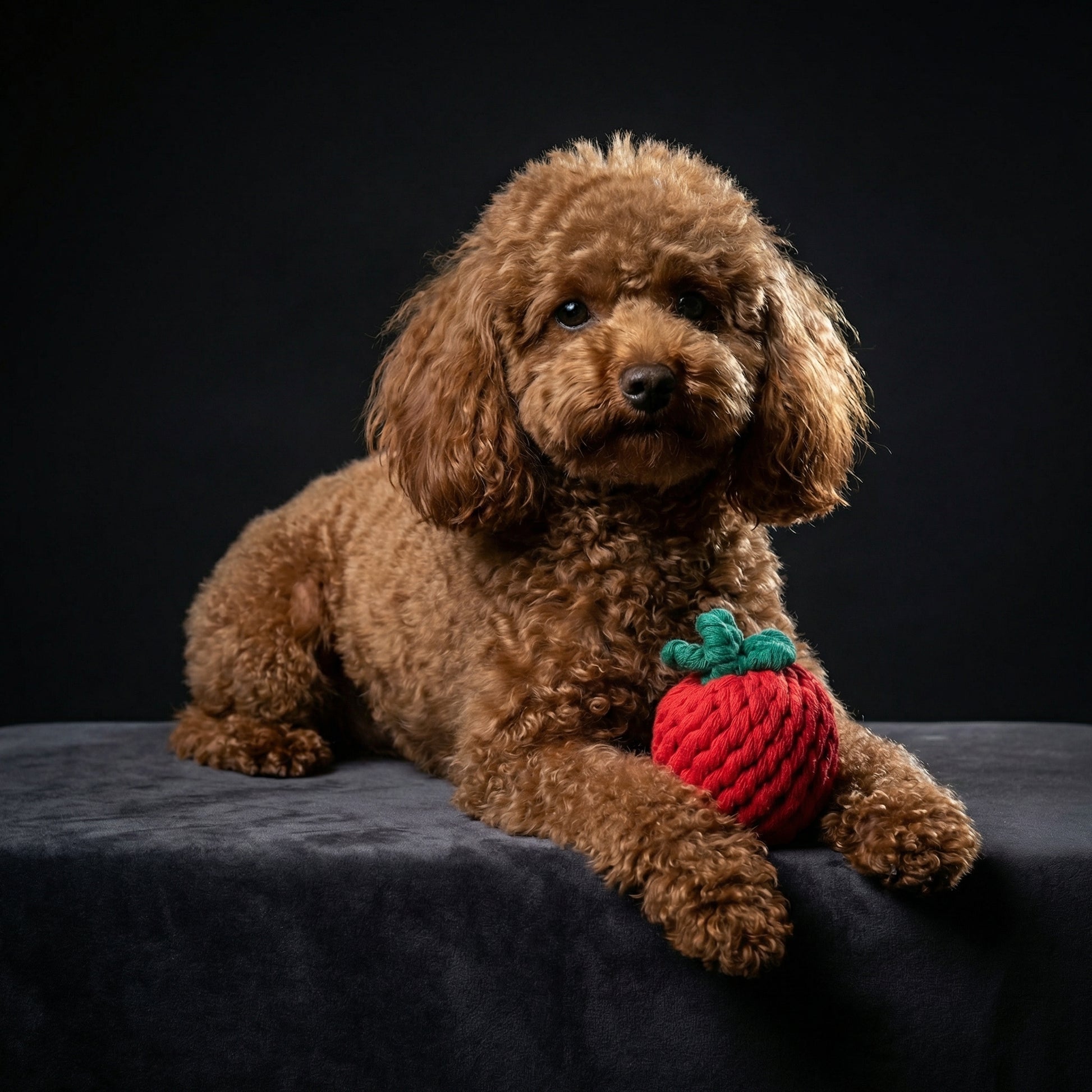 Brown dog holding a red tomato-shaped toy on a black background