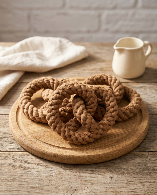 Rope coasters on a wooden tray with a white mug and cloth in the background.