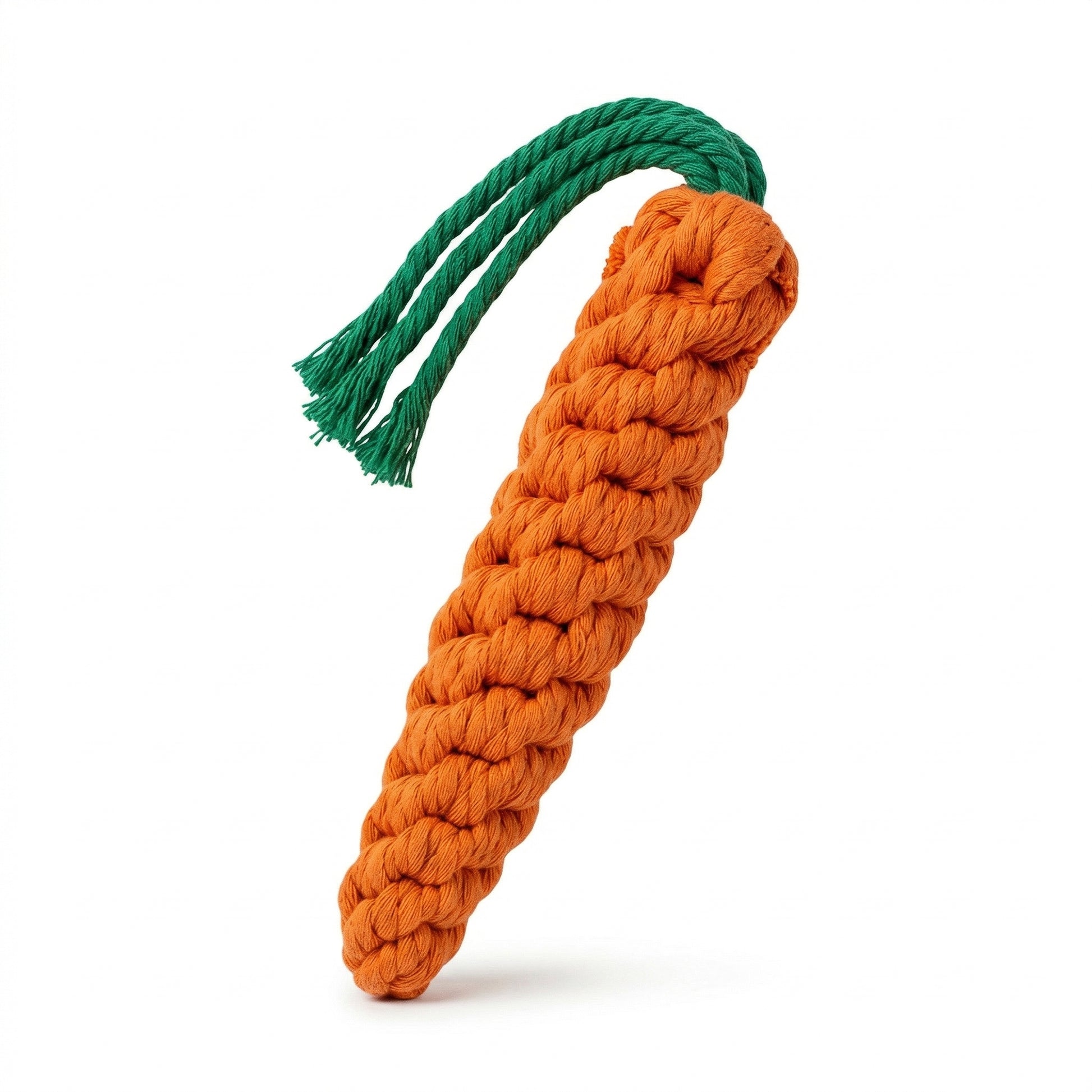 Dog toy shaped like a carrot with a green top on a white background