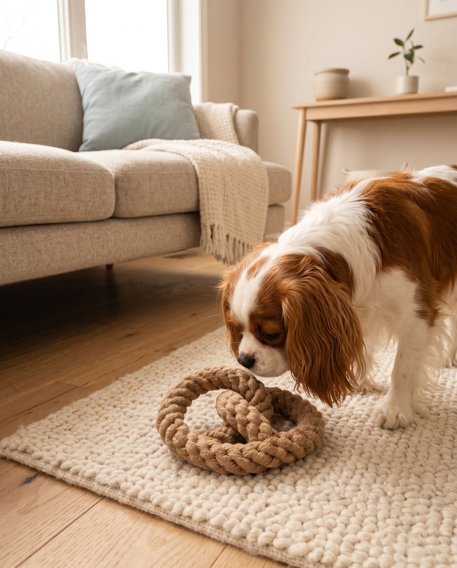 Dog playing with a rope toy on a rug in a living room.