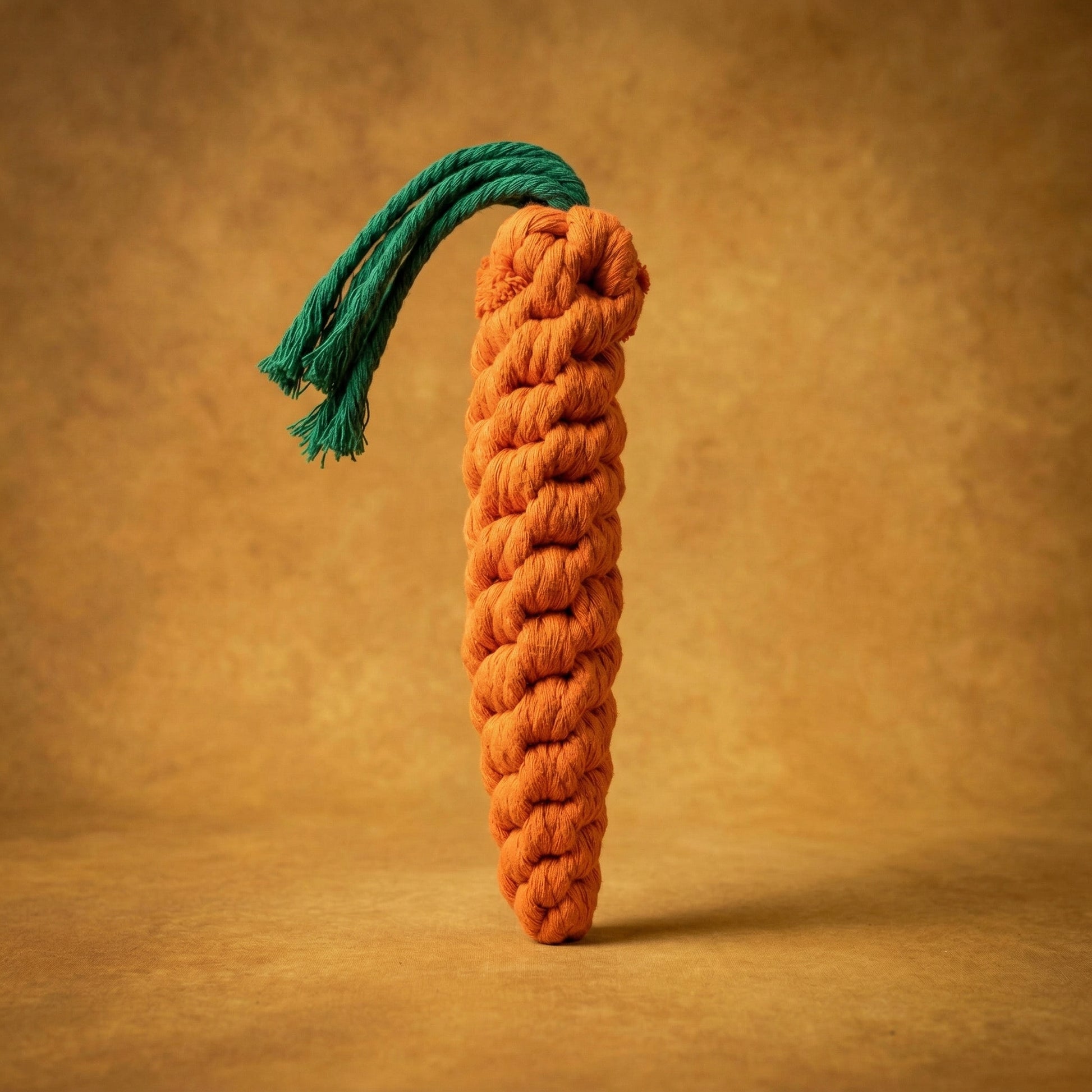 Knitted carrot toy with a green rope on a brown background