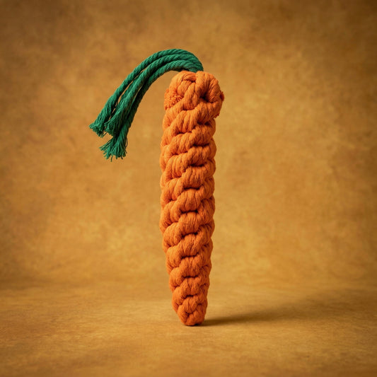 Knitted carrot toy with a green rope on a brown background