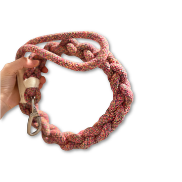 Red and brown braided dog leash held by a hand on a white background