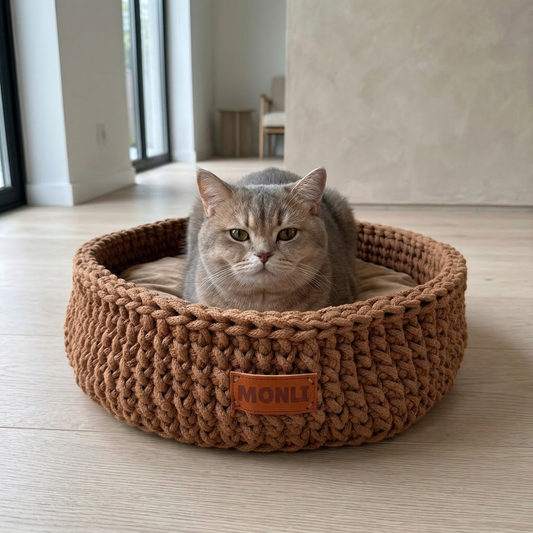 Cat lying in a brown knitted pet bed with 'MOHLI' branding on a wooden floor.
