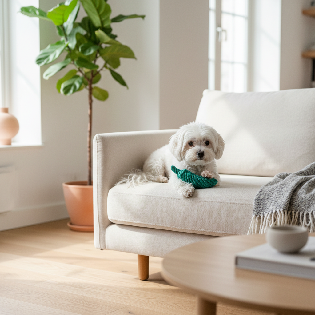 White dog sitting on a beige sofa in a bright living room with handcrafted Jalapeno Pet Rope Toys