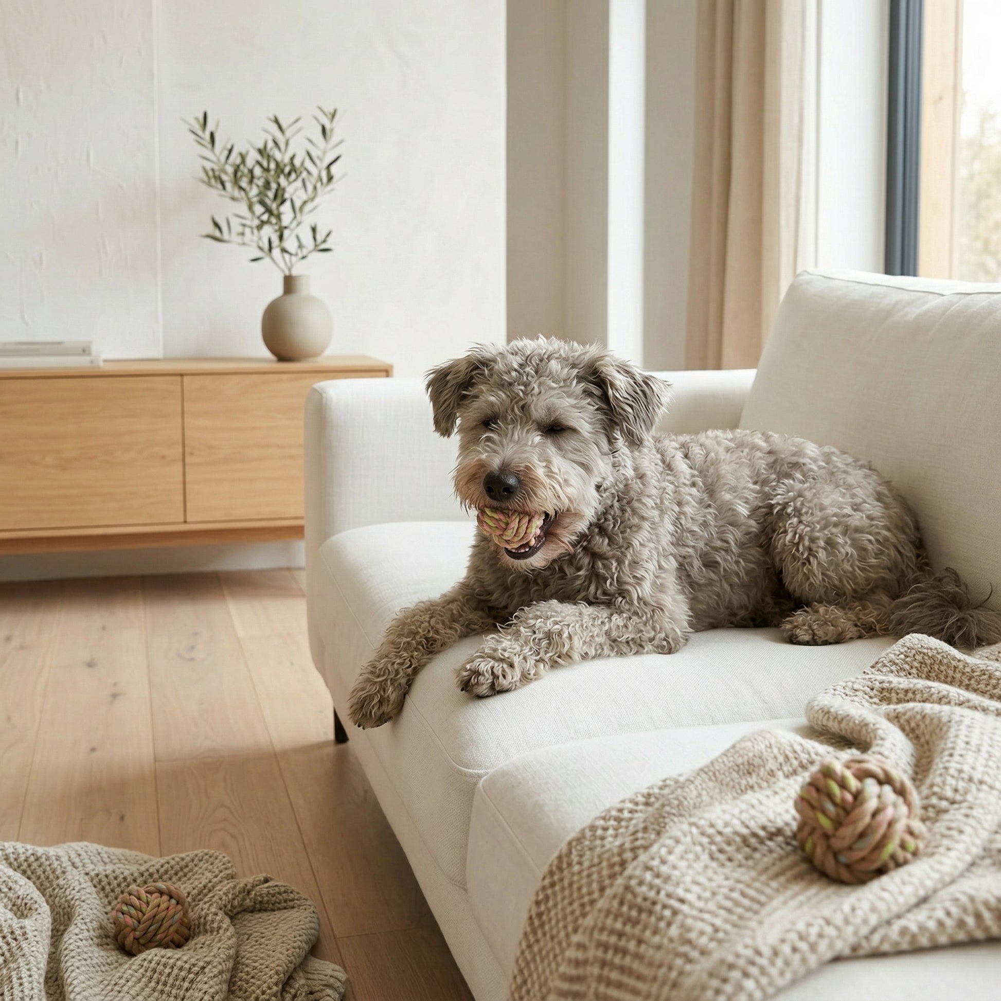 Dog lying on a white couch in a bright living room with a plant and wooden cabinet.